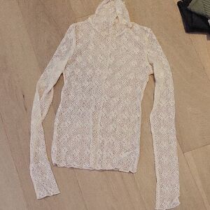 Free People Sheer Lace Mock Neck Top in Ivory Cream